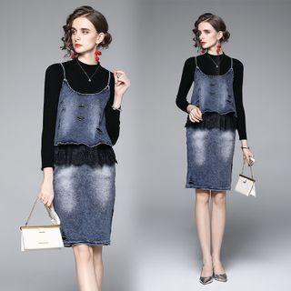 Set: Mock-neck Sweater + Distressed Denim Camisole Top + Mini Pencil Skirt