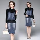 Set: Mock-neck Sweater + Distressed Denim Camisole Top + Mini Pencil Skirt
