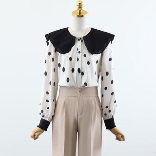 Puff-sleeve Dotted Blouse / Wide Leg Pants