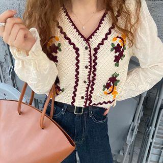 Long-sleeve Floral Embroidered V-neck Blouse