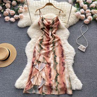 Suspender Print Ruffle Slit Dress