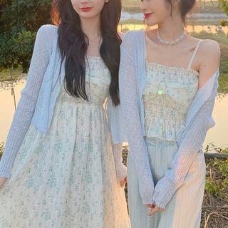 Spaghetti-strap Floral Midi A-line Dress / Camisole Top / Cardigan