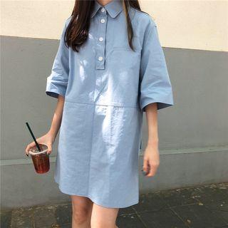 Collared Elbow-sleeve Shift Dress As Shown In Figure - One Size
