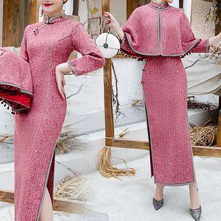 Traditional Chinese Set: Cape-sleeve Top + Midi Dress