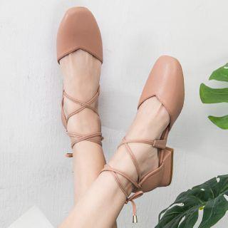 Plain Lace-up Block Heel Pumps