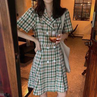 Short-sleeve Plaid Midi A-line Blazer Dress Plaid - Green & Khaki - One Size