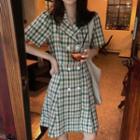 Short-sleeve Plaid Midi A-line Blazer Dress Plaid - Green & Khaki - One Size