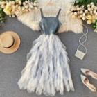 Wide Strap Denim Panel Midi A-line Mesh Dress