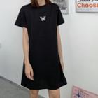 Short-sleeve Embroidered Mini A-line T-shirt Dress