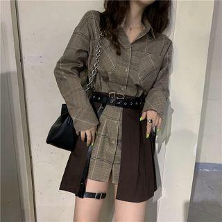 Long-sleeve Plaid Shirt / Pleated Mini Skirt