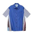 Elbow-sleeve Denim Panel Shirt Blue - One Size