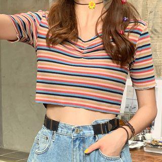 V-neck Rainbow Stripe Cropped T-shirt