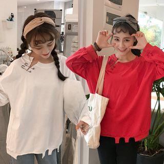 Plain Long-sleeve Distressed Sweatshirt