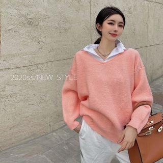 Mock Two-piece Open-collar Sweater