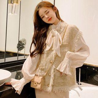 Tie-neck Balloon-sleeve Blouse / Tweed Fringed Vest / Midi A-line Skirt