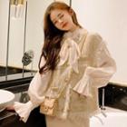 Tie-neck Balloon-sleeve Blouse / Tweed Fringed Vest / Midi A-line Skirt
