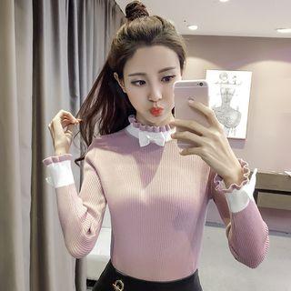 Color-block Frill Trim Plain Slim Top