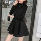 Long-sleeve Mock-neck Knit Top / Plaid Mini Pinafore Dress / Set