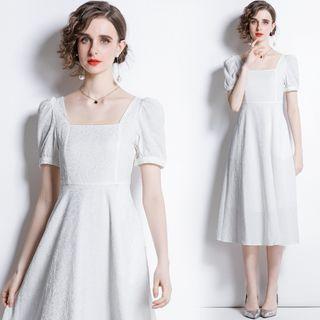 Short-sleeve Square Neck Plain Midi A-line Dress