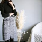 Set: Turtle-neck Knit Top + H-line Glen-plaid Skirt With Belt