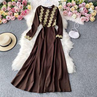 Lace Printed Long-sleeve Maxi Dress