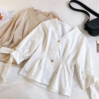Plain V-neck Lace-up 3/4-sleeve Blouse