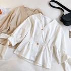 Plain V-neck Lace-up 3/4-sleeve Blouse