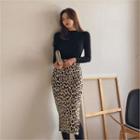 Set: Slim-fit Knit Top + Long Leopard Pencil Skirt Black - One Size