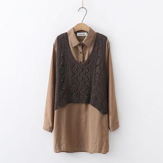 Mock Two-piece Long-sleeve Crochet Knit Panel Shirtdress