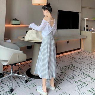 Plain Long-sleeve Loose-fit Top / Striped Sleeveless Dress