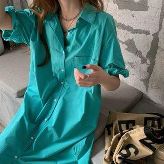 Short-sleeve Plain Shirtdress Green - One Size