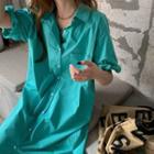Short-sleeve Plain Shirtdress Green - One Size