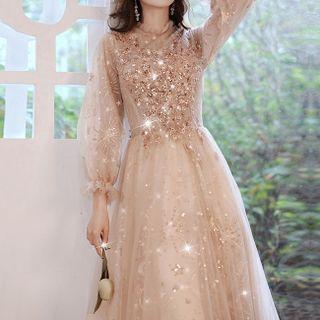Long-sleeve Embellished Mesh A-line Gown (various Designs)