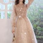 Long-sleeve Embellished Mesh A-line Gown (various Designs)