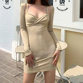 Set: Spaghetti-strap Plain Mini Sheath Dress + Shrug