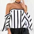 3/4-sleeve Strapless Striped Top