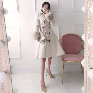 Faux-fur Detail Belted A-line Coat