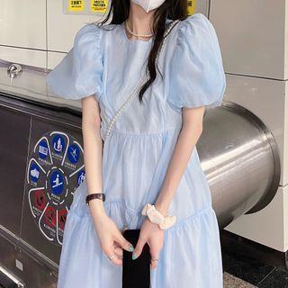 Puff Sleeve Plain Midi A-line Dress