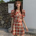 Set: Balloon-sleeve Double-breasted Plaid Shirt + A-line Skirt