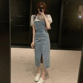 Puff-sleeve Shirt / Slit-front Denim Jumper Dress