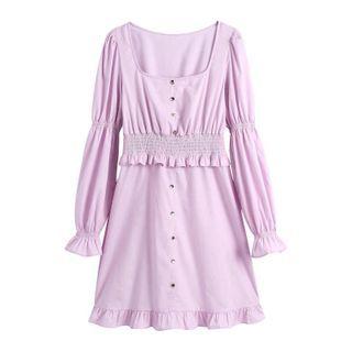 Long-sleeve Scoop-neck Shirred Mini A-line Dress
