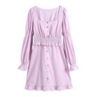 Long-sleeve Scoop-neck Shirred Mini A-line Dress