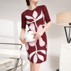 Short-sleeve Print Mini Dress Wine Red - One Size