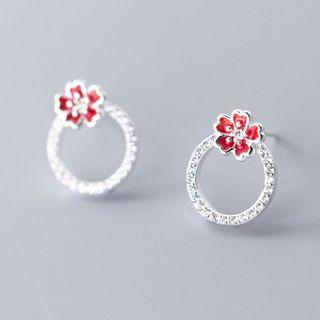 925 Sterling Silver Rhinestone Flower Earring 1 Pair - S925 Silver - One Size