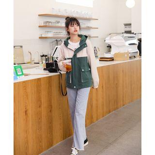 Hooded Color Block Zip Jacket Green - One Size
