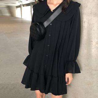 Bell-sleeve Mini Chiffon Dress Black - One Size