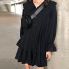 Bell-sleeve Mini Chiffon Dress Black - One Size