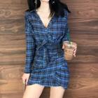 Long-sleeve Plaid Mini Wrap Dress As Shown In Figure - One Size