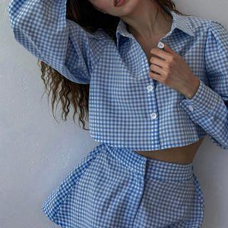 Set: Plaid Long-sleeve Crop Shirt + Wide-leg Shorts