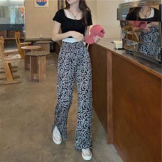 Floral Wide Leg Pants Black - One Size
